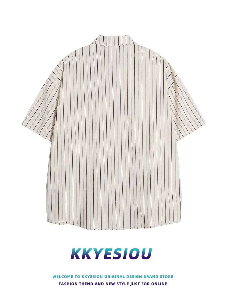 Áo sơ mi ngắn tay sọc phong cách retro Mỹ KKyesiou, unisex, thêu họa tiết, đa năng, áo đôi, áo khoác mùa hè