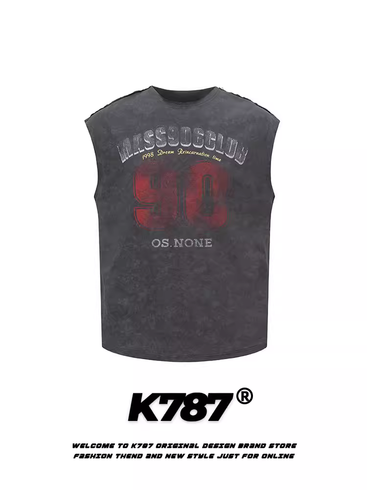 Áo gile không tay unisex phong cách retro Mỹ, in chữ kiểu cũ, phong cách đường phố thể thao, cổ điển K787