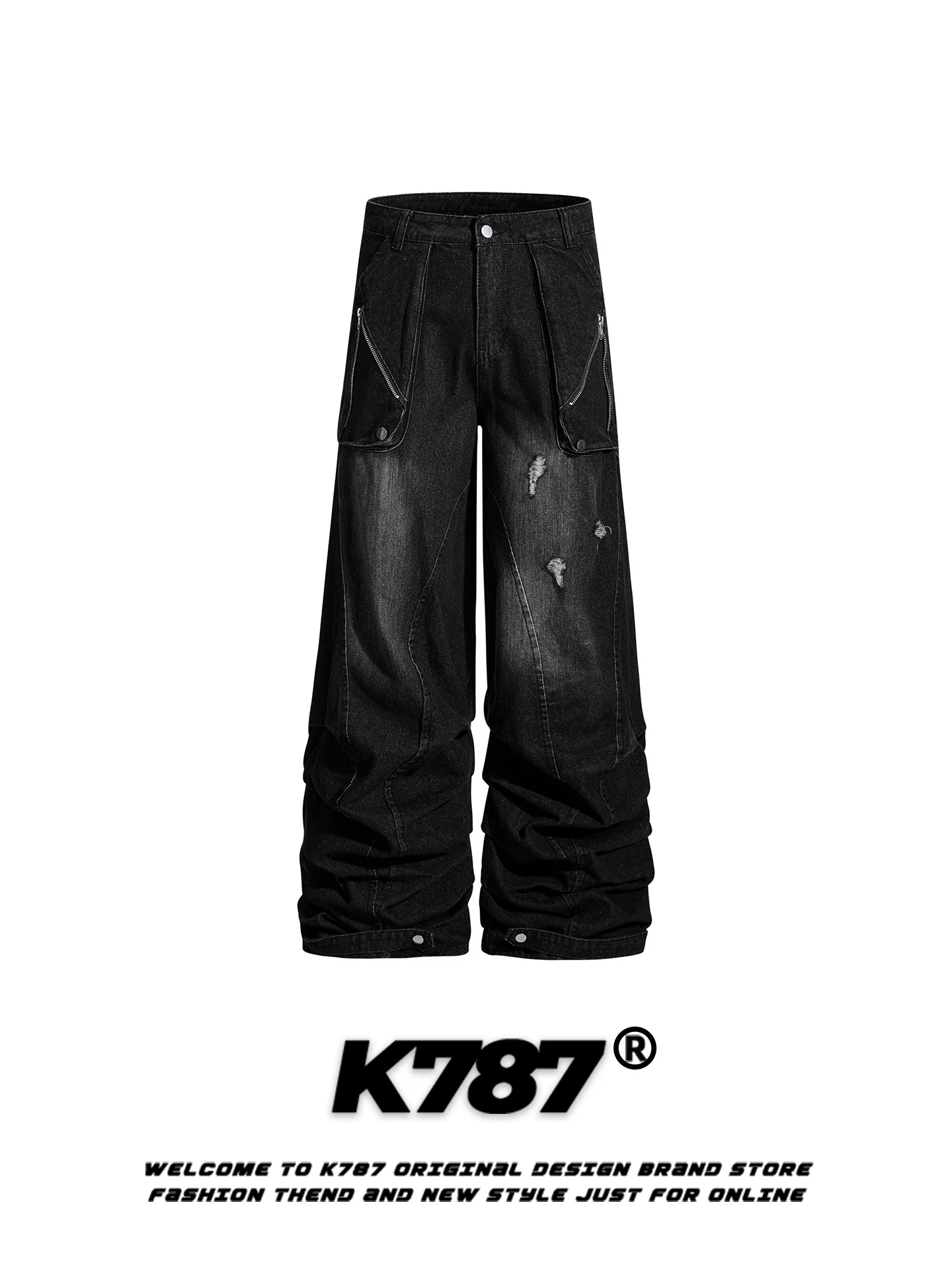 Quần jeans unisex kiểu đường phố Mỹ K787, rách, cắt xén, dáng rộng, ống rộng, đường may lộ, thời trang.