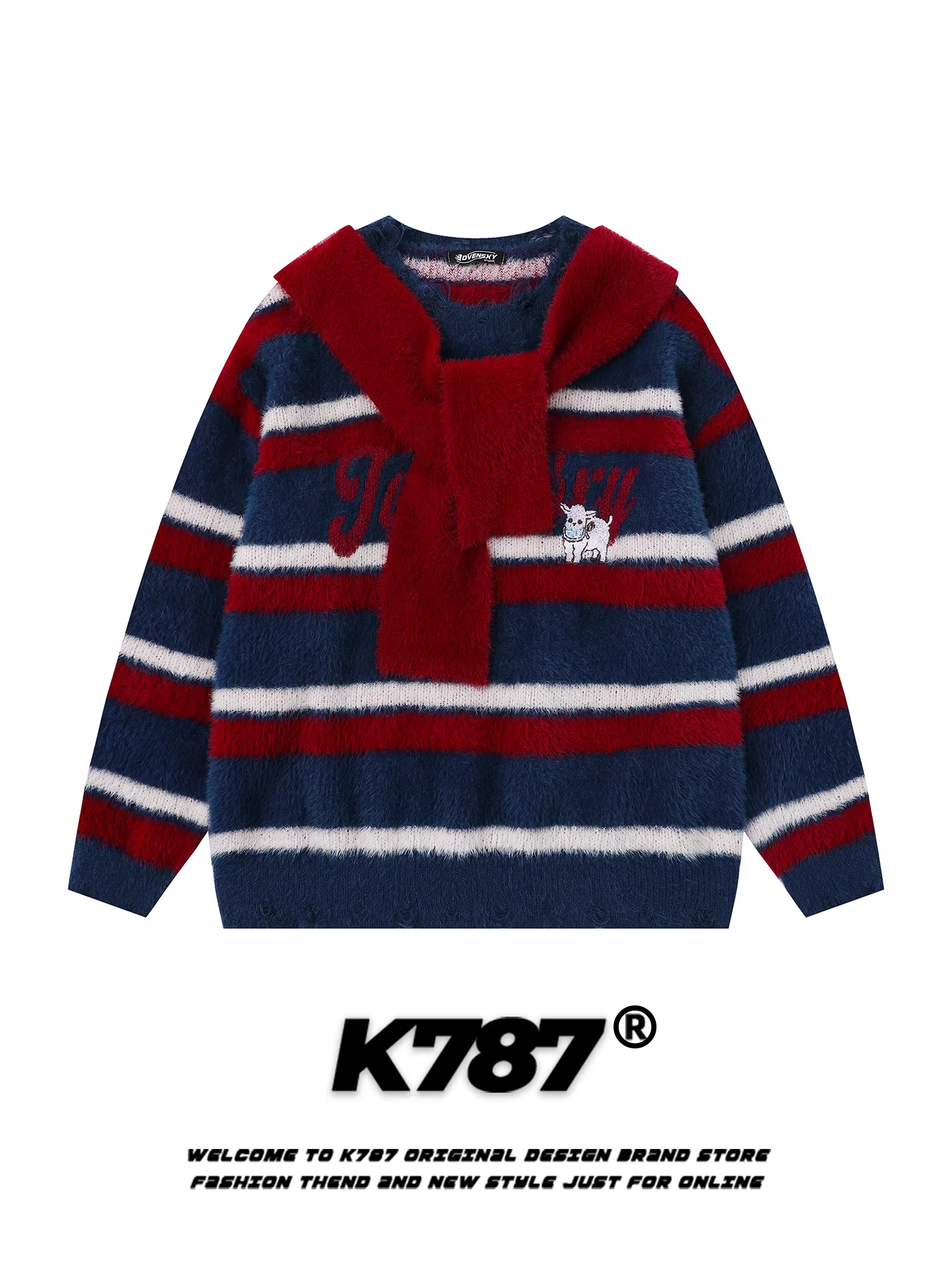 Áo len cổ tròn buộc dây màu sọc cổ điển kiểu Mỹ K787 dành cho nữ, áo len dệt kim dáng rộng ấm áp mùa thu đông