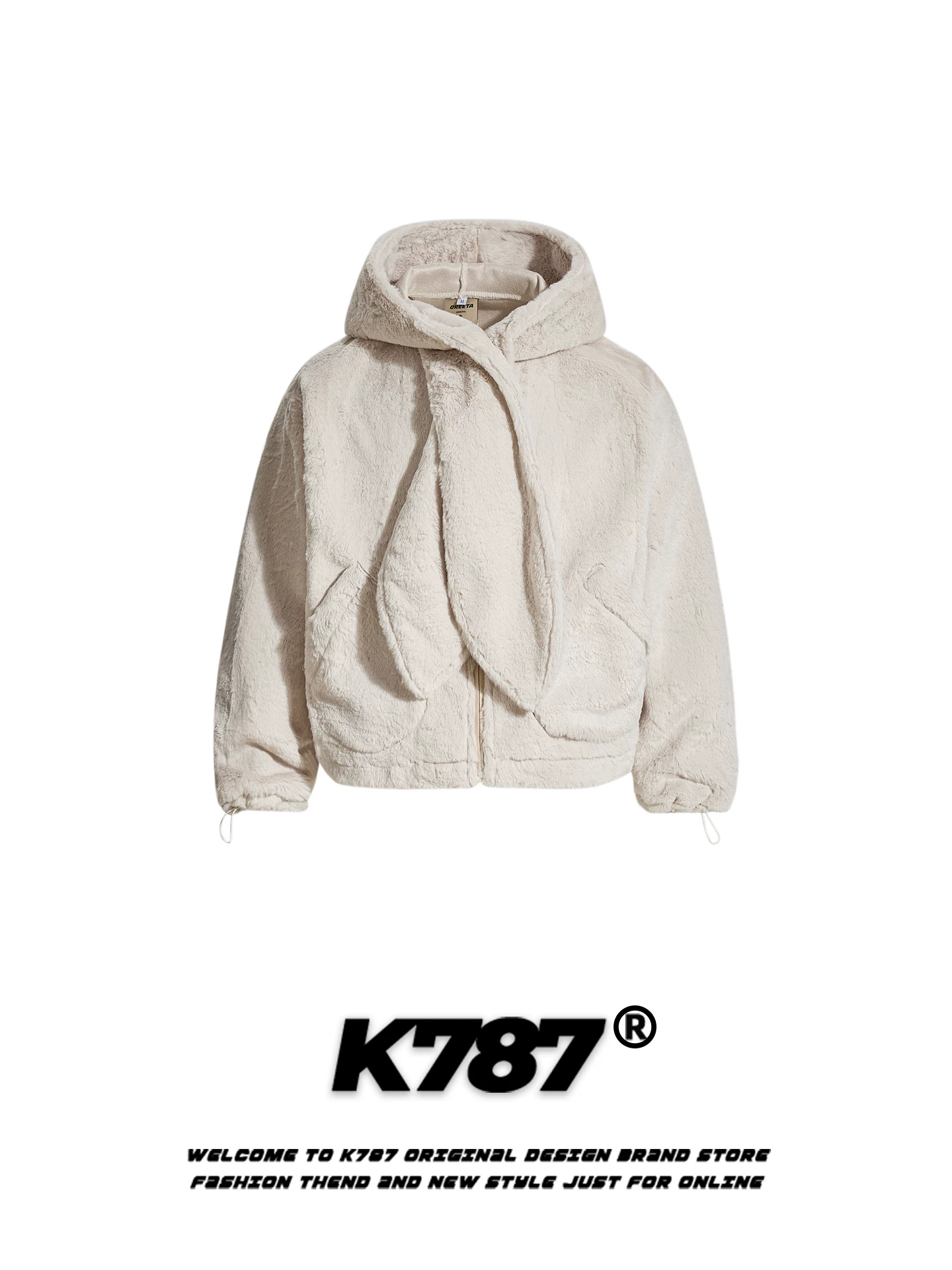 Áo khoác cotton có mũ trùm đầu hình tai thỏ lông thú phong cách đường phố Mỹ K787 dành cho nam và nữ, phong cách ngọt ngào và cá tính, lót lông cừu, áo khoác có khóa kéo ấm áp cho mùa đông.
