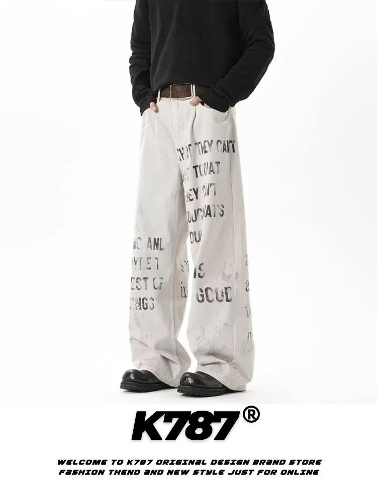 Quần jeans unisex K787 kiểu Mỹ cổ điển, giặt mài, rách, in chữ, phong cách hip-hop, dáng thẳng, mặc thường ngày