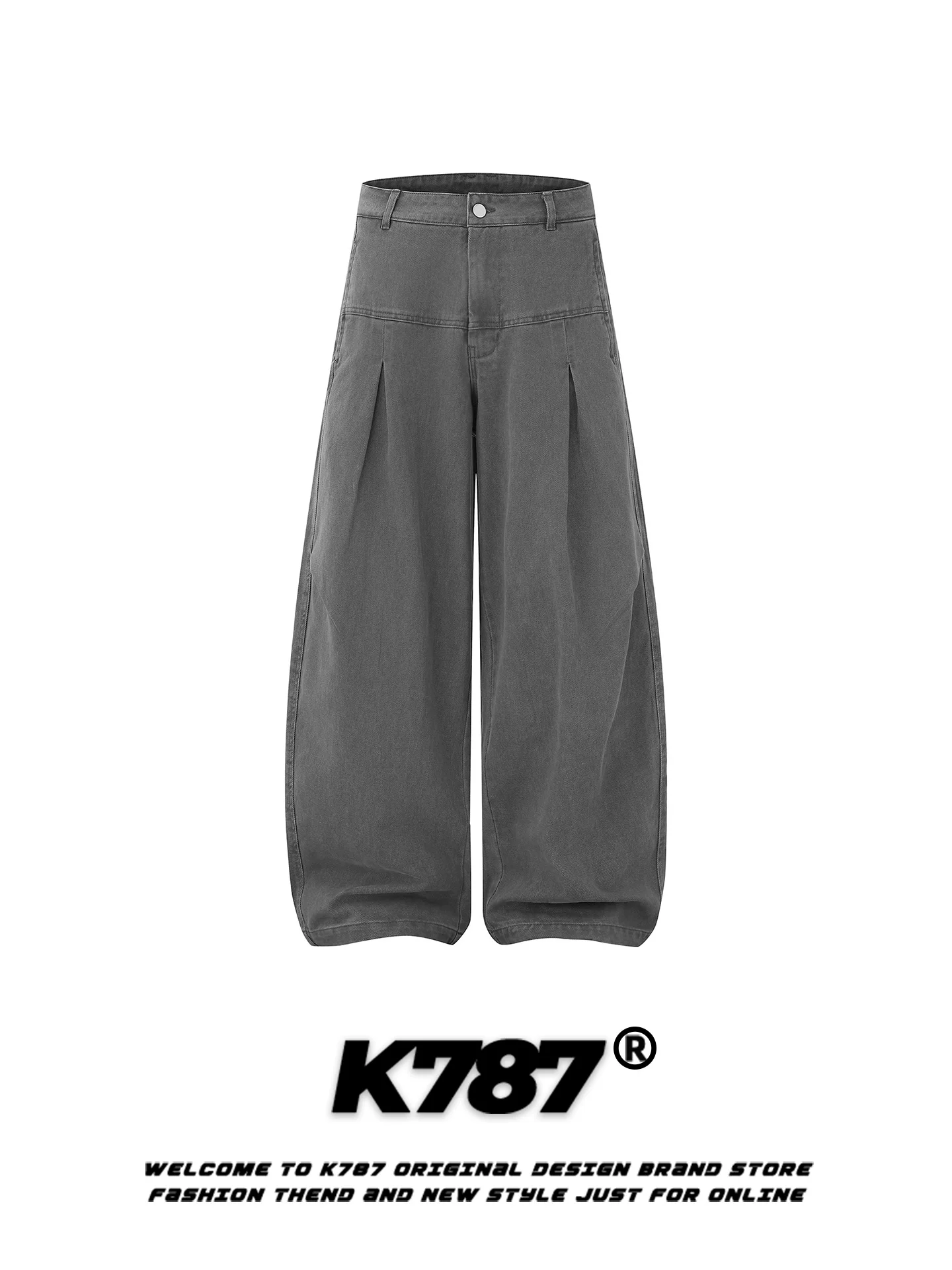 Quần ống rộng xếp ly cao eo dáng suông unisex phong cách retro Mỹ K787, chất liệu washed vintage đơn giản