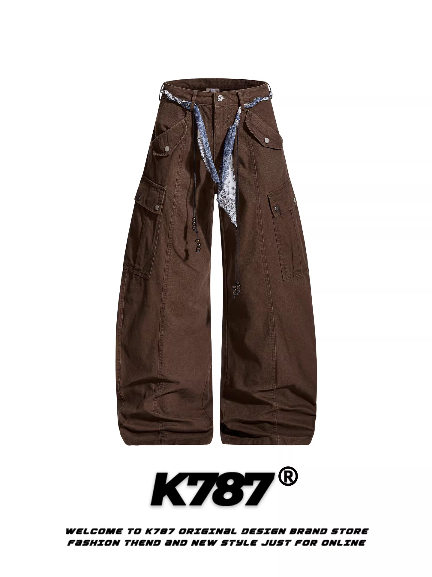 Quần cargo ống rộng lưng cao dáng rộng unisex kiểu Mỹ cổ điển K787 nhiều túi thiết kế phá cách có dây rút