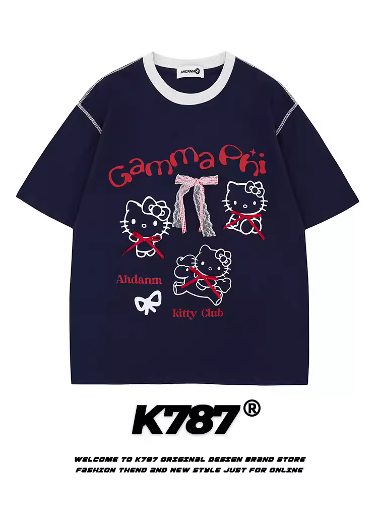 K787 Mỹ retro Hello Kitty nơ ren chắp vá áo thun ngắn tay unisex phong cách đại học cặp đôi top tee