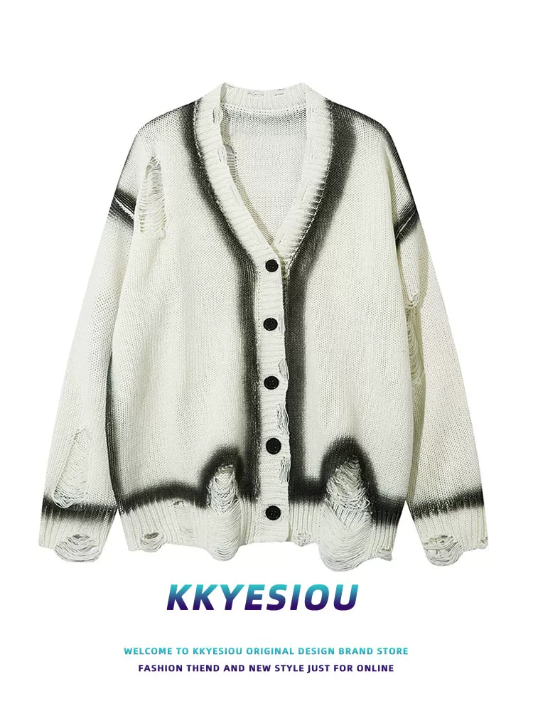 Áo khoác cardigan dệt kim phong cách retro Mỹ, kiểu dáng thời thượng, được phun sơn tạo hiệu ứng cũ kỹ, unisex, phong cách sinh viên, áo khoác cặp đôi.