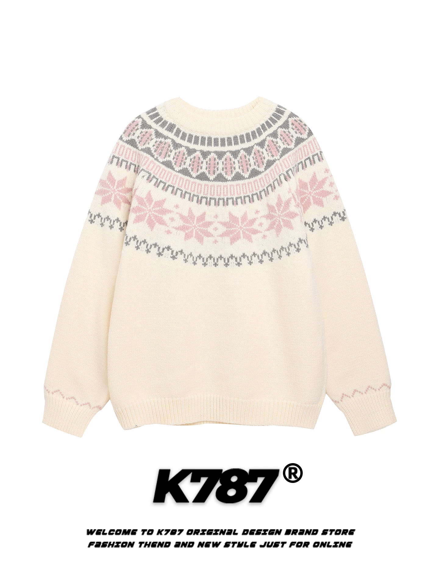 Áo len cổ tròn dệt jacquard kiểu Fair Isle của Mỹ K787 dành cho nam và nữ, kiểu dáng rộng rãi và thoải mái, trang phục dệt kim dành cho cặp đôi đi làm mùa thu.