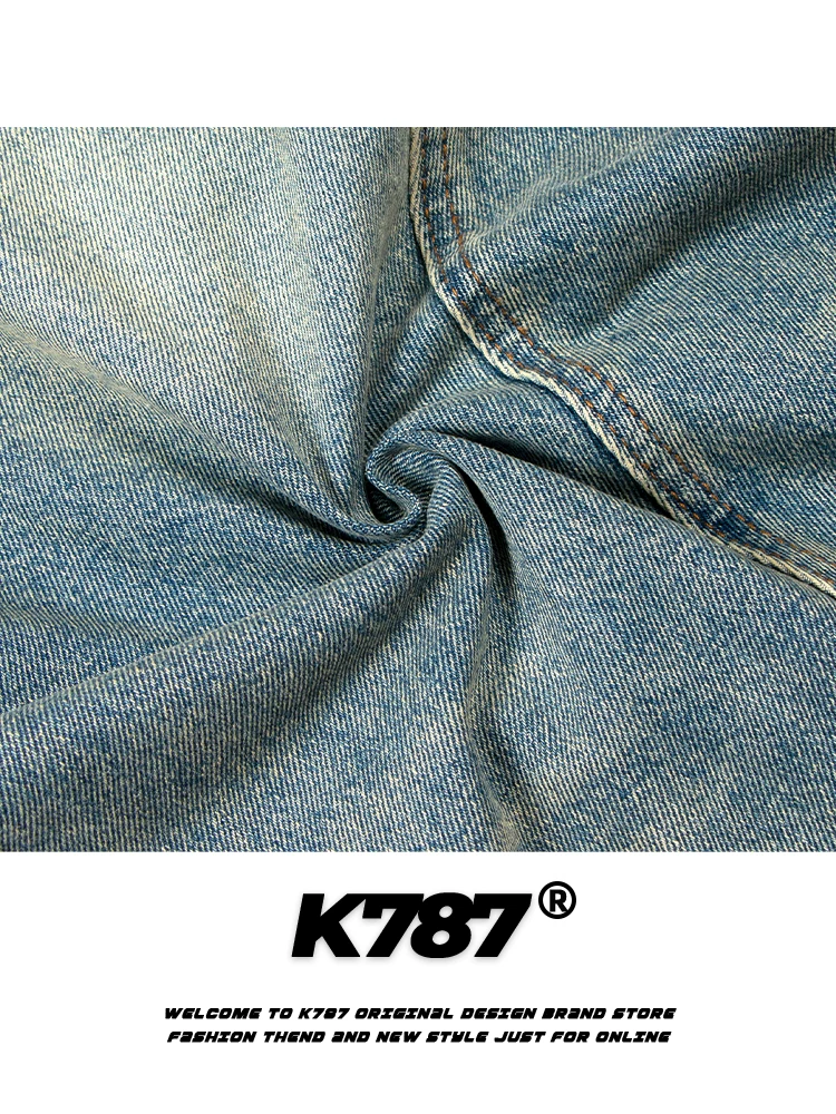 K787 Quần denim kiểu Mỹ cổ điển kiểu Trung Quốc được giặt và làm cũ dành cho nam và nữ, quần ống rộng phong cách hip-hop cỡ lớn