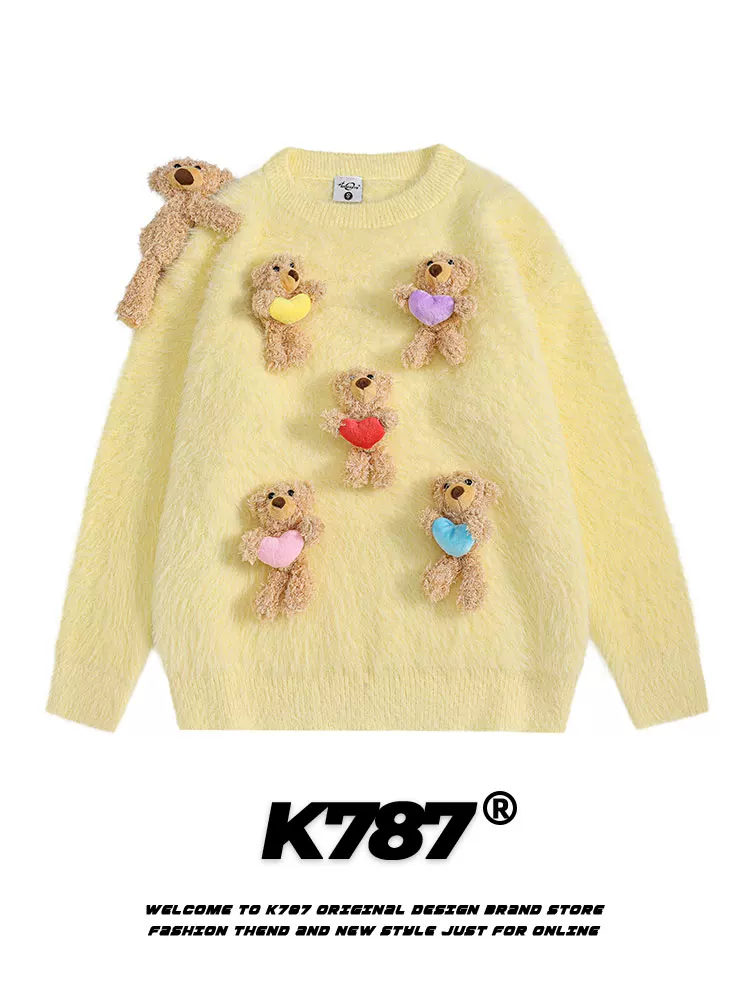 K787 Dopamine Fun Bear Mặt dây chuyền áo len dệt kim dành cho nữ Áo len màu trắng phong cách đại học Dopamine cổ điển của Mỹ