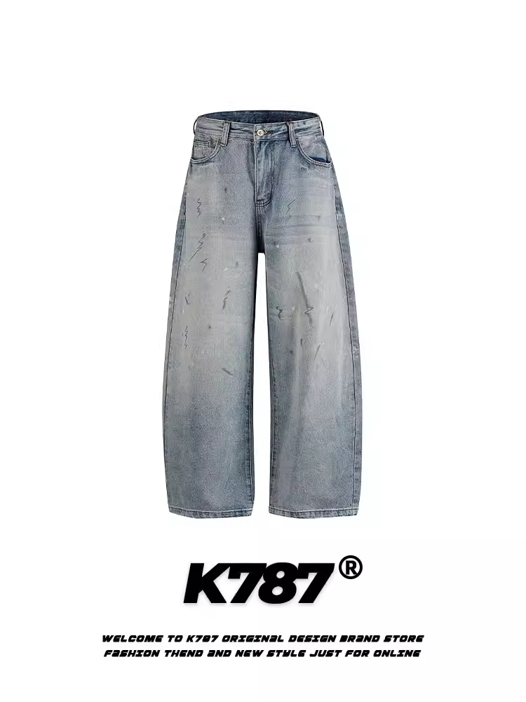 Quần jeans K787 kiểu Mỹ cổ điển, xước, nhuộm màu, dành cho nam và nữ, phong cách đường phố, cạp cao, dáng rộng, ống thẳng, kiểu quần lửng.