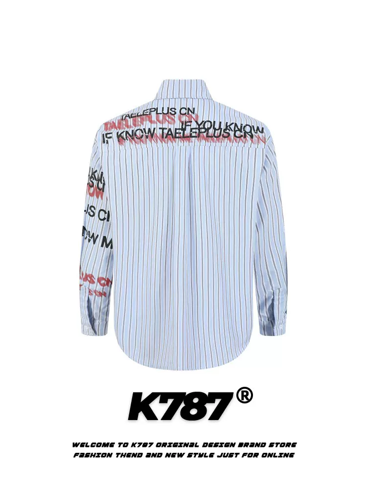 K787 Mỹ retro thư graffiti sọc dài tay áo sơ mi unisex hợp thời trang dáng rộng giản dị áo sơ mi cặp đôi áo khoác