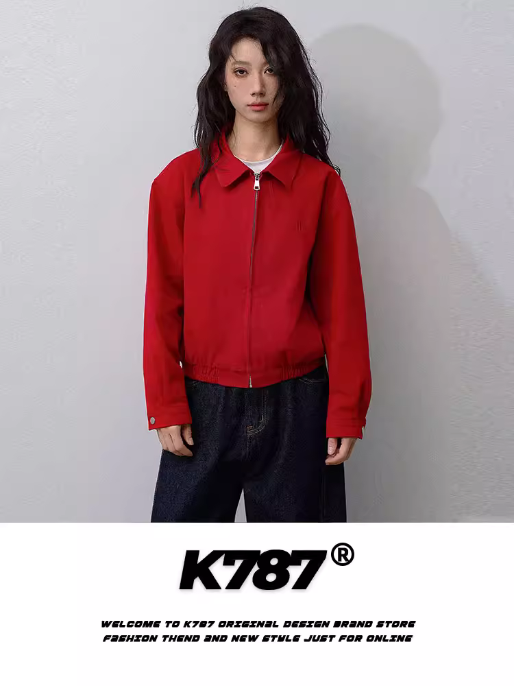 Áo khoác ngắn cổ điển kiểu Mỹ K787, unisex, thời trang, dáng rộng, màu đỏ, dành cho cặp đôi, kiểu áo khoác biker