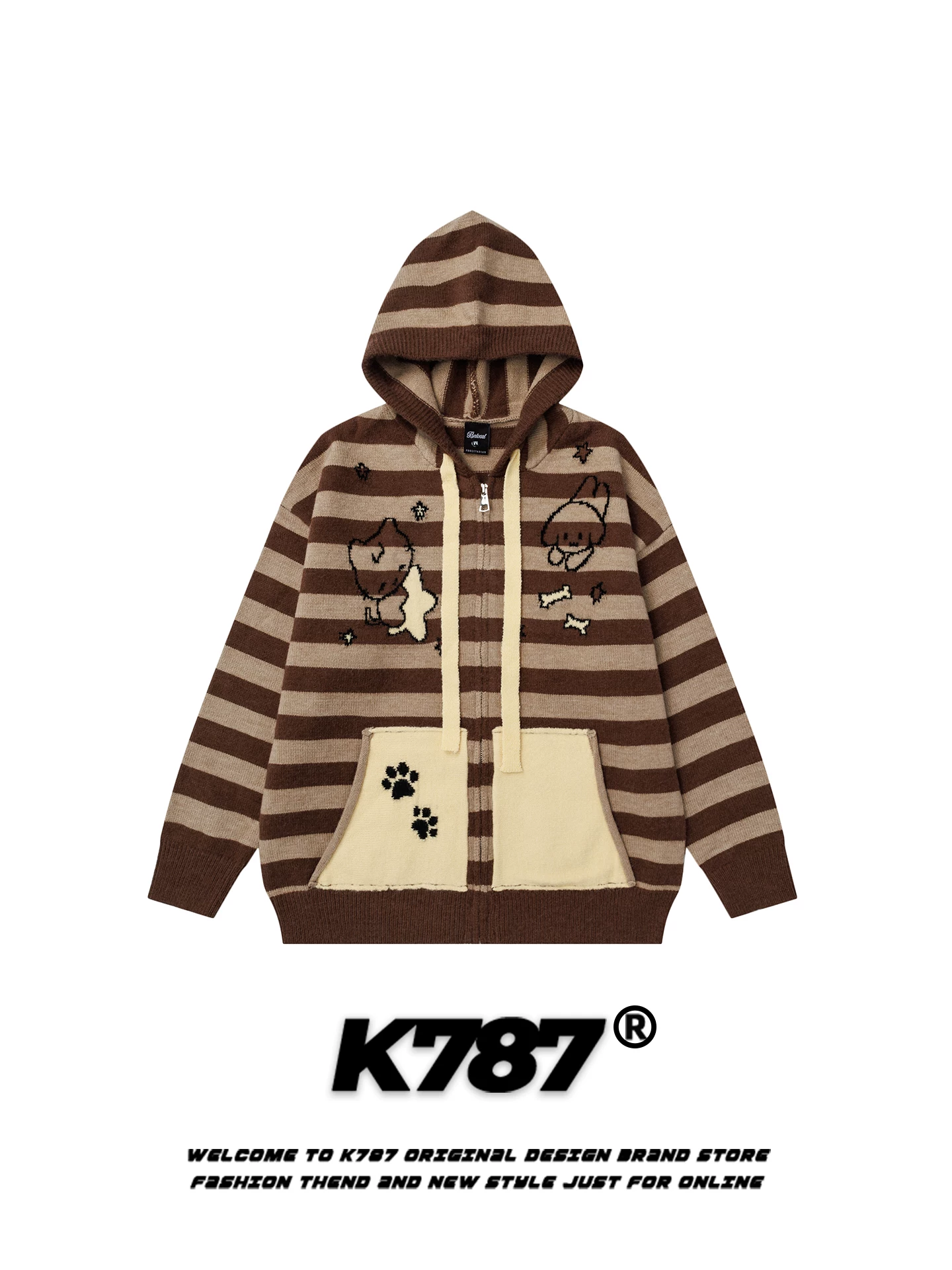 K787 cô gái ngọt ngào phong cách lười biếng hoạt hình áo len có mũ trùm đầu sọc unisex áo khoác dệt kim thông thường giảm tuổi tác