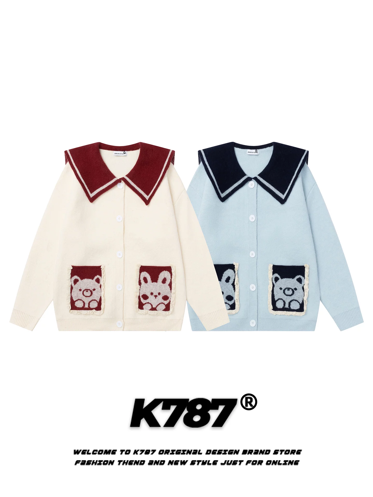 Áo len cổ thủy thủ hình gấu và thỏ phong cách đường phố Mỹ K787 dành cho nữ, áo cardigan dệt kim dáng rộng, phong cách học sinh, thoải mái cho mùa thu.