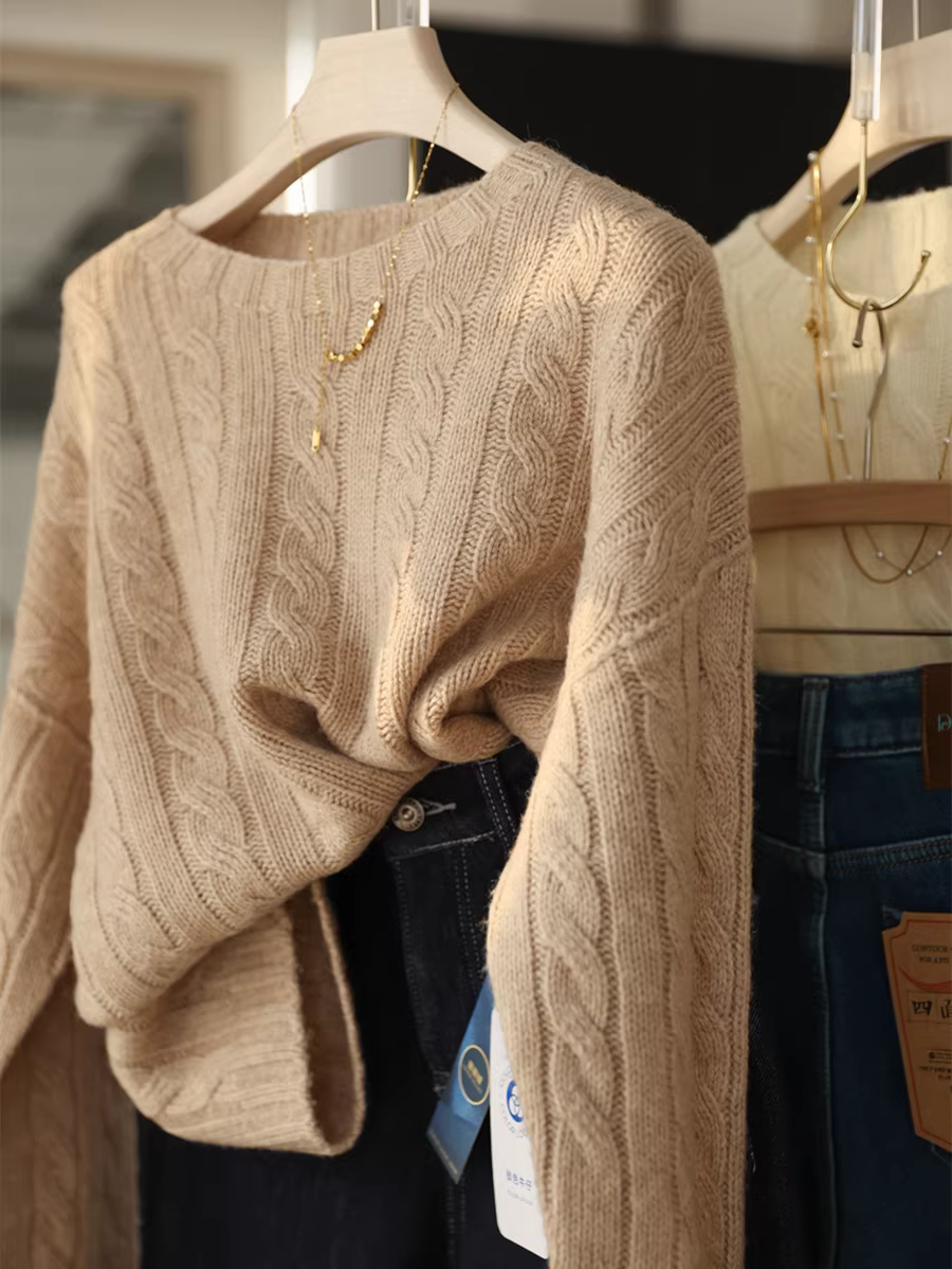 Áo len cổ tròn dáng rộng, chất liệu len nguyên chất dày dặn 350g, kiểu dáng cổ điển, dệt kim liền mạch, dành cho nữ, mẫu mới thu đông.