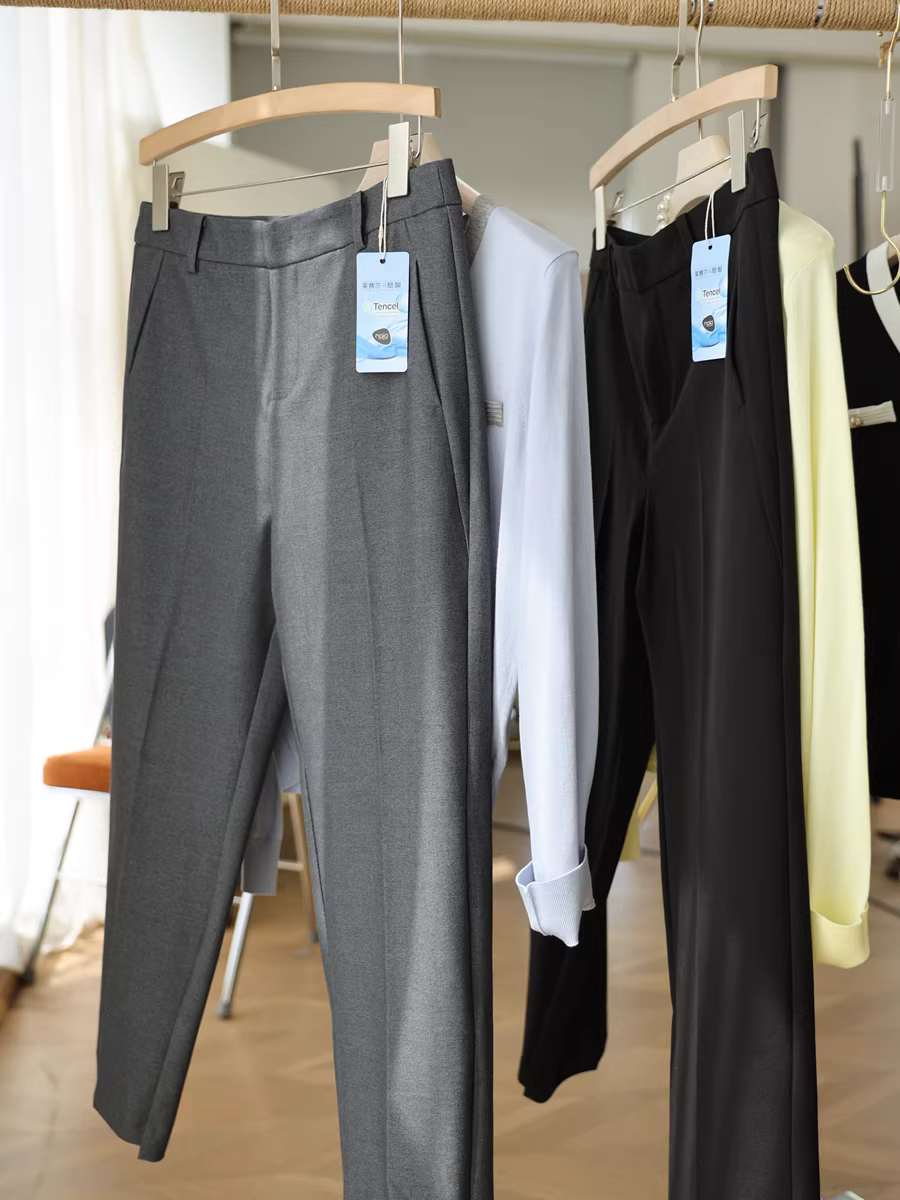 Quần âu nữ chất liệu acetate lyocell chống nhăn, dáng ôm, ống đứng, kiểu dáng thường ngày, cạp cao, ống lửng, kiểu dáng mới mùa thu