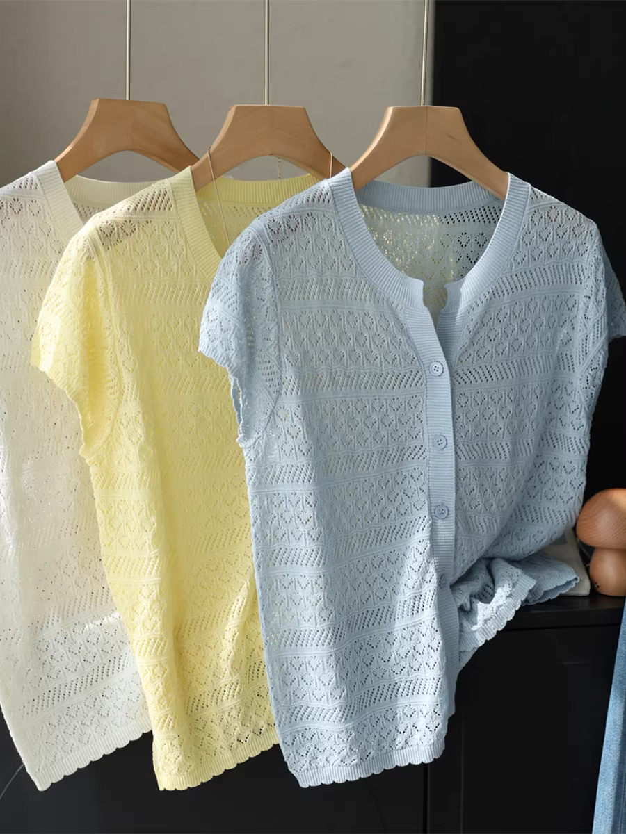 Áo cardigan ngắn tay cổ tròn dệt kim rỗng thoáng mát bằng vải lanh lyocell mùa hè lãng mạn dành cho nữ mùa hè mới