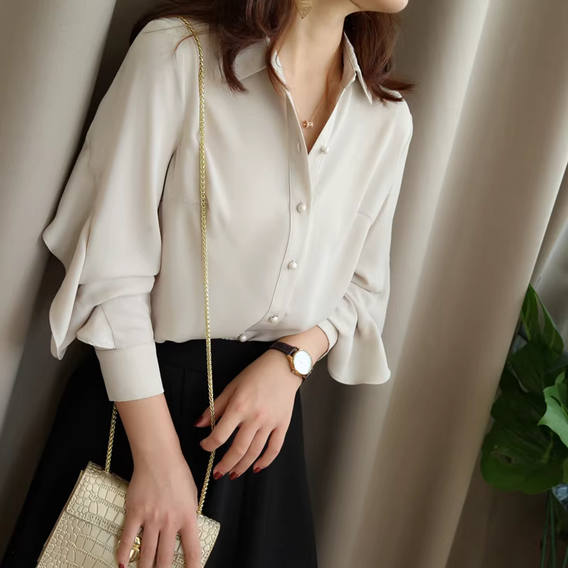 Áo sơ mi dài tay màu sâm panh nhẹ nhàng, bèo nhún, dành cho nữ, mùa thu, công sở, thanh lịch, chất liệu chiffon.