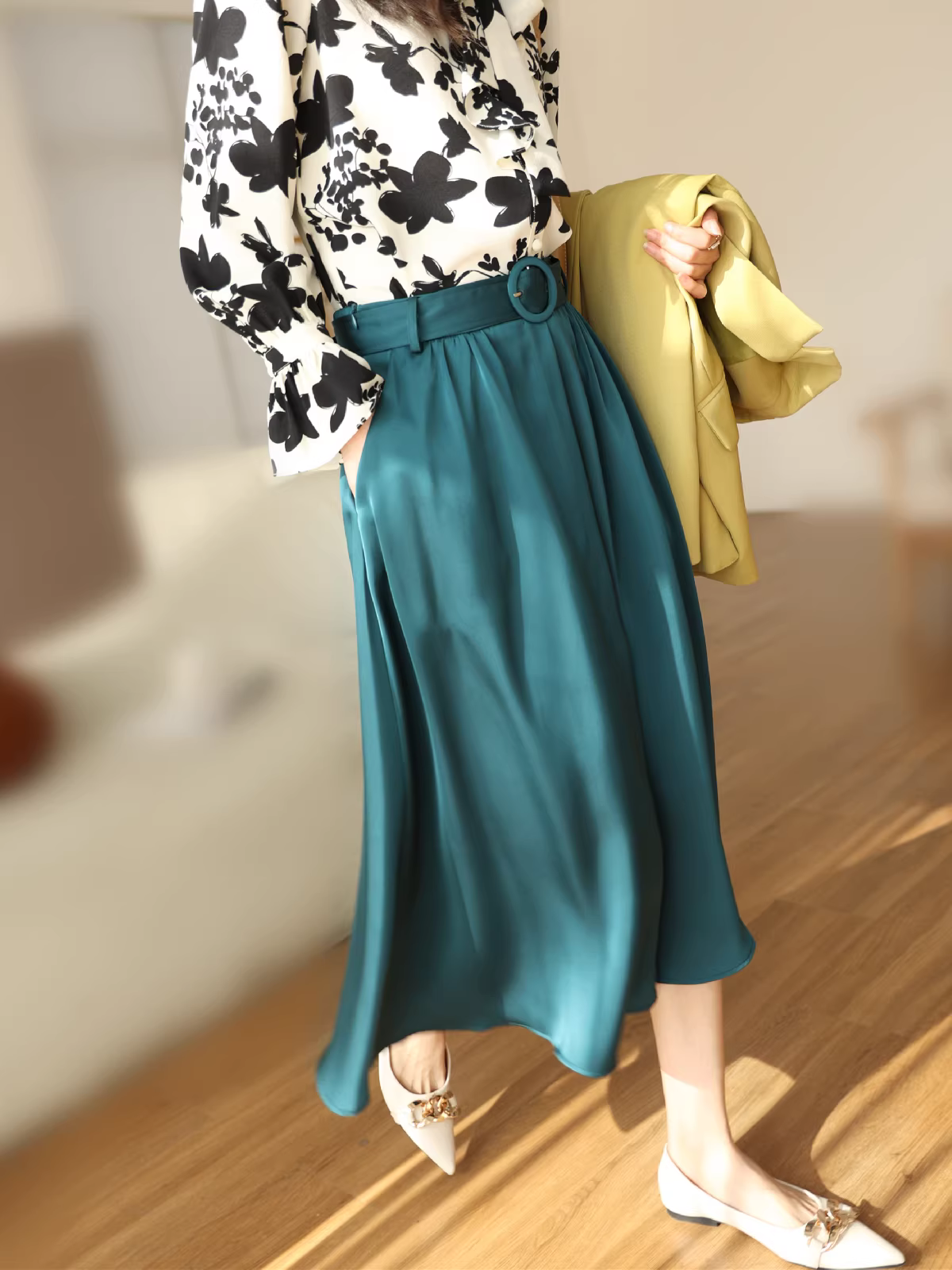 Váy midi satin màu xanh chim công cao cấp, tôn dáng, dành cho nữ mùa xuân