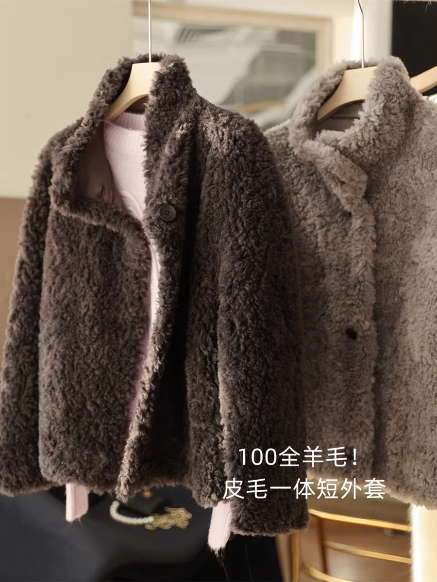Áo khoác lông cổ đứng cao cấp tích hợp lông 100% len, áo khoác lông dày ngắn dành cho phụ nữ nhỏ nhắn mùa thu đông