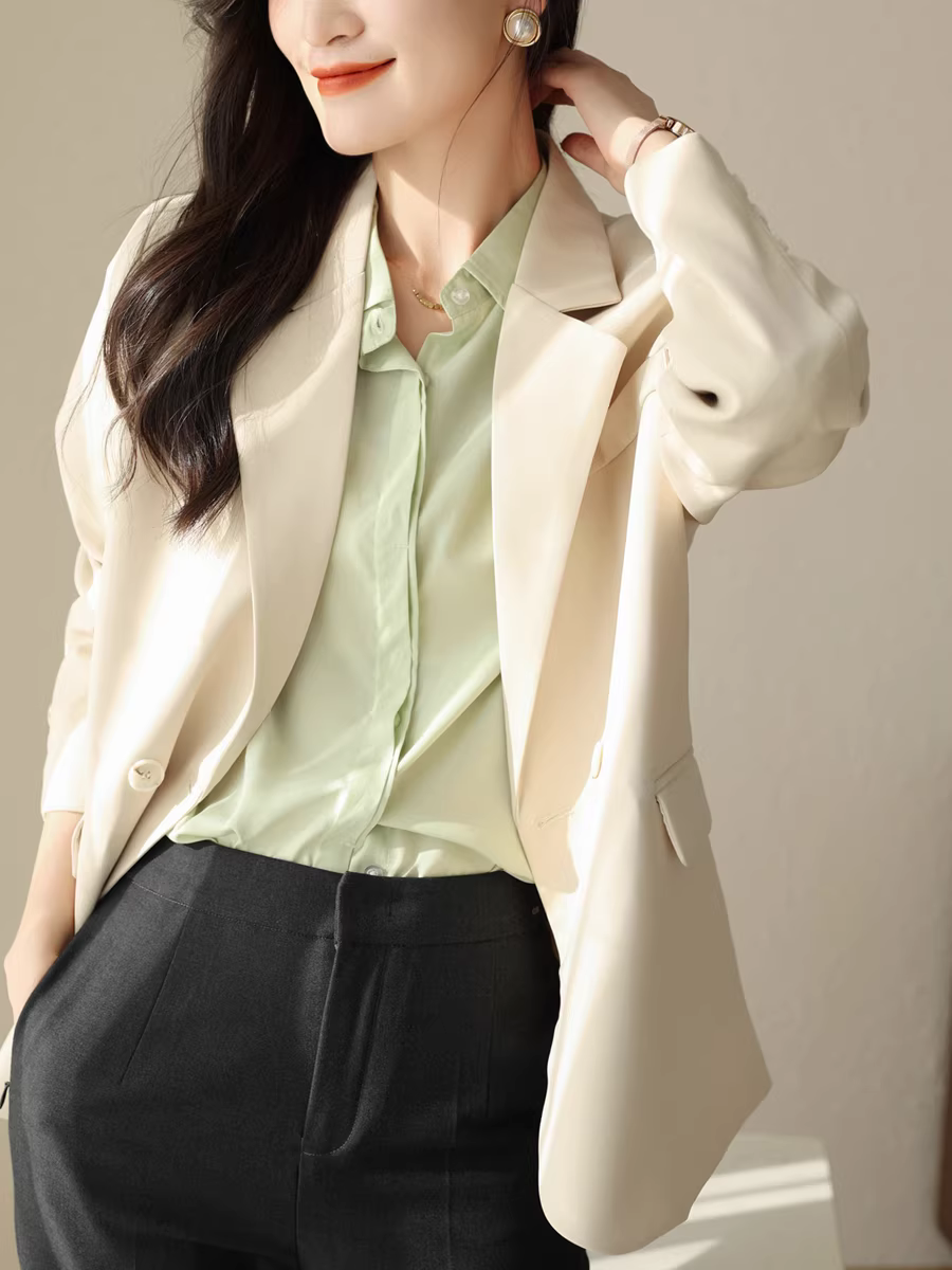 Chizhi Peach Pink Giảm tuổi và làm trắng da Chống nhăn mật độ cao Phong cách đi làm Áo khoác dáng rộng giảm béo dành cho nữ Đầu thu Mới