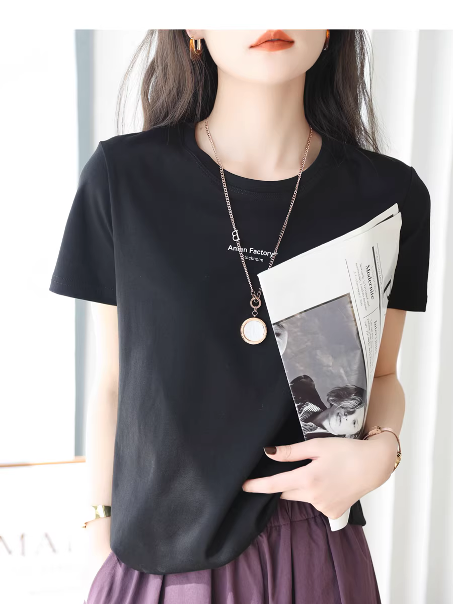 Thoải mái Tencel Lyocell Đơn giản Đa năng Màu trơn Áo thun chữ cái dành cho nữ Mùa hè Mới Cổ tròn Tay ngắn dáng rộng Giảm béo