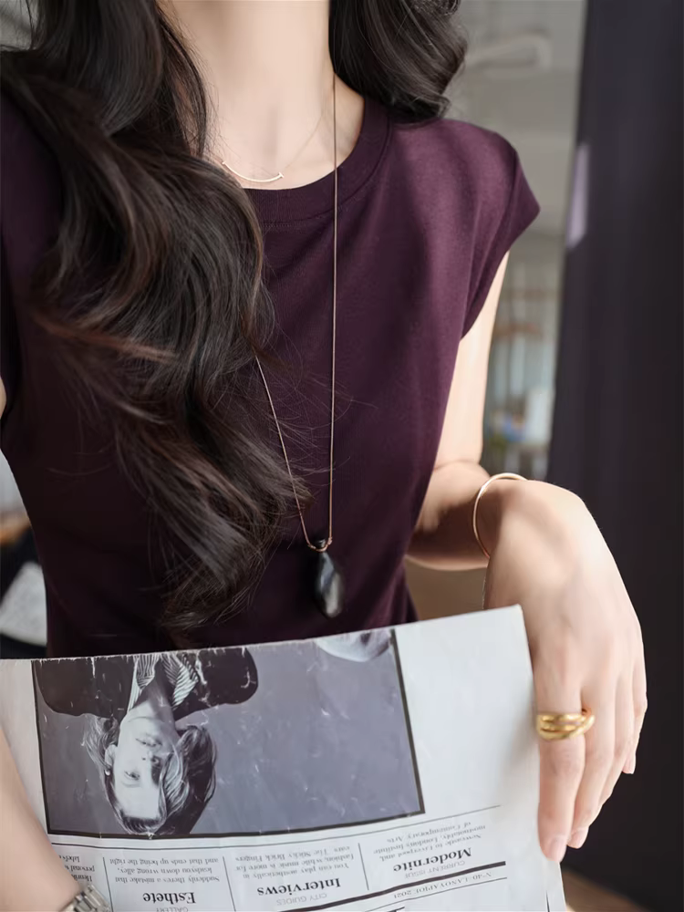 Áo thun lụa Lyocell mềm mại, bay bổng, kiểu dáng ôm dáng, tay bồng, cổ tròn, tay ngắn dành cho nữ, mẫu mới mùa hè