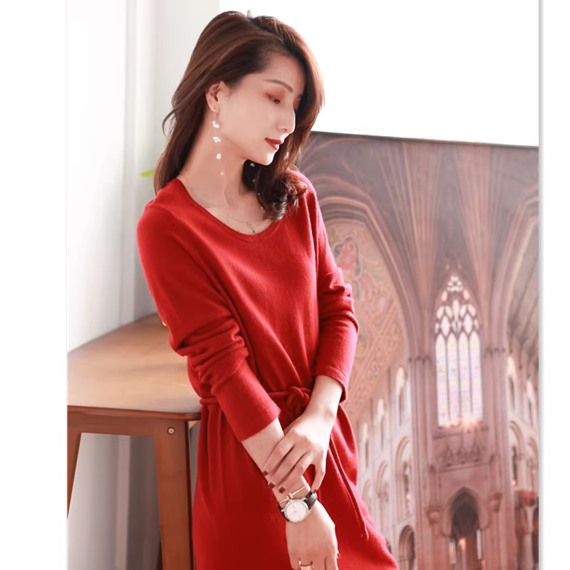 Phiên bản giới hạn! Váy len dệt kim cổ tròn thanh lịch chất liệu len mùa thu dành cho nữ, mùa thu đông, tay dài buộc eo, dáng rộng.