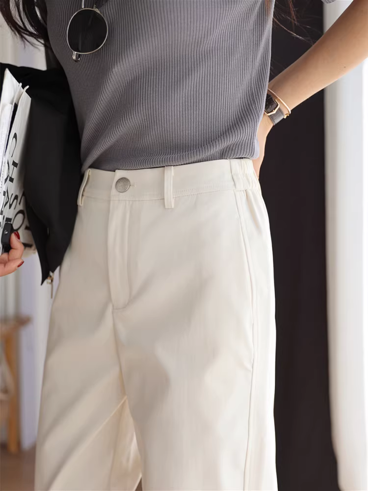 Chống nhăn, chất liệu cotton mềm mại, màu trắng và không trong suốt! Quần lưng cao vừa phải, dáng rộng, quần ống rộng tôn dáng, quần thường ngày cho nữ, mùa xuân và mùa hè.