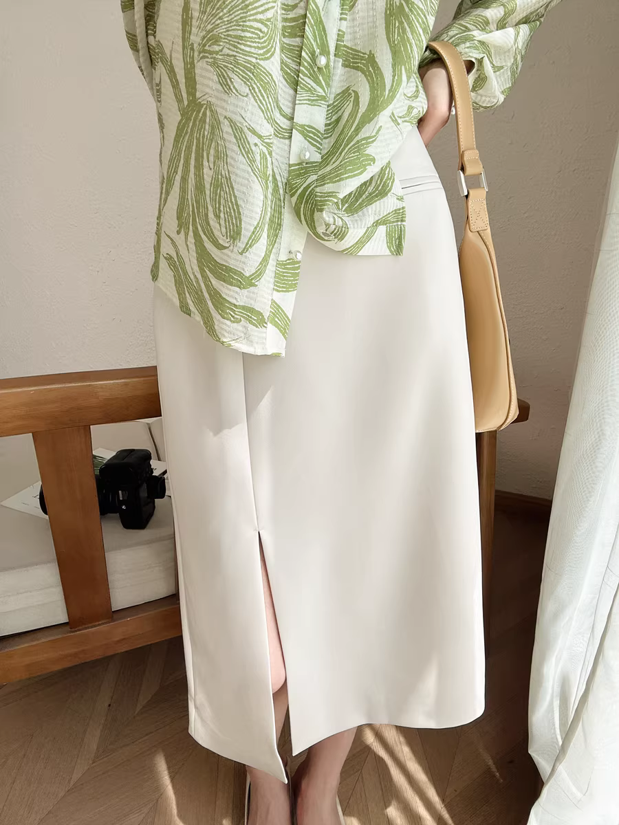 Váy công sở cổ điển chống nhăn, chống nhăn, cạp cao, dáng chữ A, xẻ tà, màu trơn, kiểu dáng ôm dáng dành cho nữ mùa hè mới