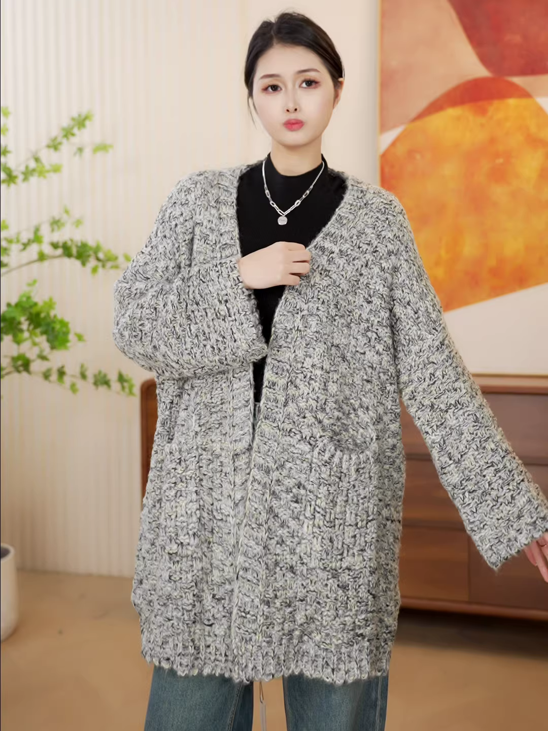 Chỉ 39 nhân dân tệ!! Áo khoác dài trung bình cổ chữ V phong cách Chanel chất liệu tweed mùa xuân thu