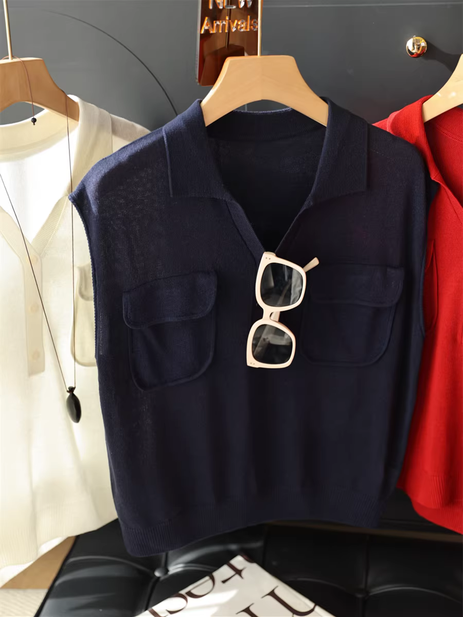 Áo thun polo cổ rộng chất liệu linen lyocell thoáng mát, mỏng, cổ V, tay sát nách, có túi dành cho nữ mùa hè