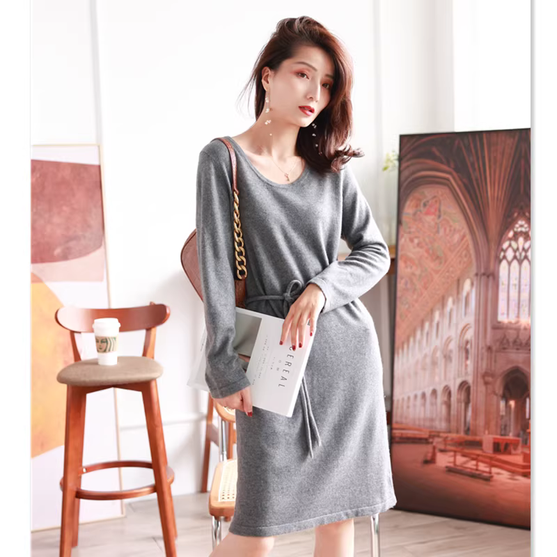 Phiên bản giới hạn! Váy len dệt kim cổ tròn thanh lịch chất liệu len mùa thu dành cho nữ, mùa thu đông, tay dài buộc eo, dáng rộng.