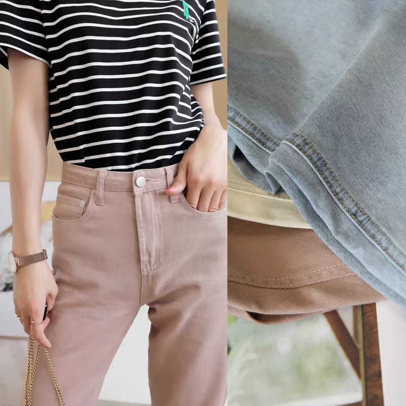 Quần jean nhẹ mùa hè, màu hồng xám nhạt, kiểu dáng đơn giản, vừa vặn, quần jean rộng kiểu bố dành cho nữ mùa hè.