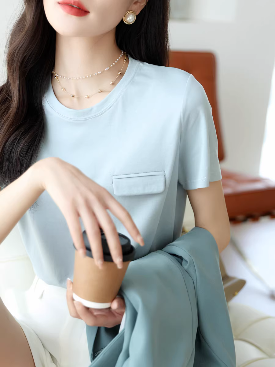 Áo thun ngắn tay cổ tròn bằng lụa tencel dành cho nữ, màu trơn đa năng phong cách mới mùa hè