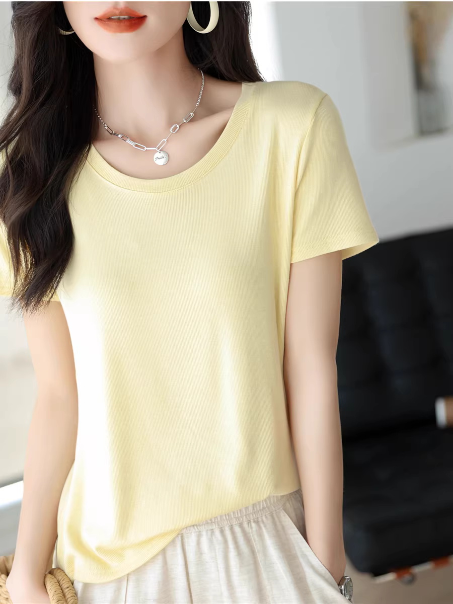 Áo thun nữ tay ngắn chất liệu thun gân, màu trơn, cổ tròn, dáng rộng, co giãn, tôn dáng, mặc được nhiều kiểu