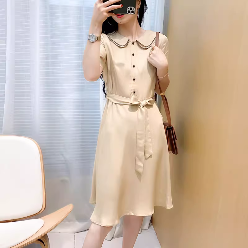 Đầm vải Tencel màu kaki thêu cổ áo kiểu Nhật giảm tuổi tác, thon gọn eo, kiểu dáng mùa hè mới