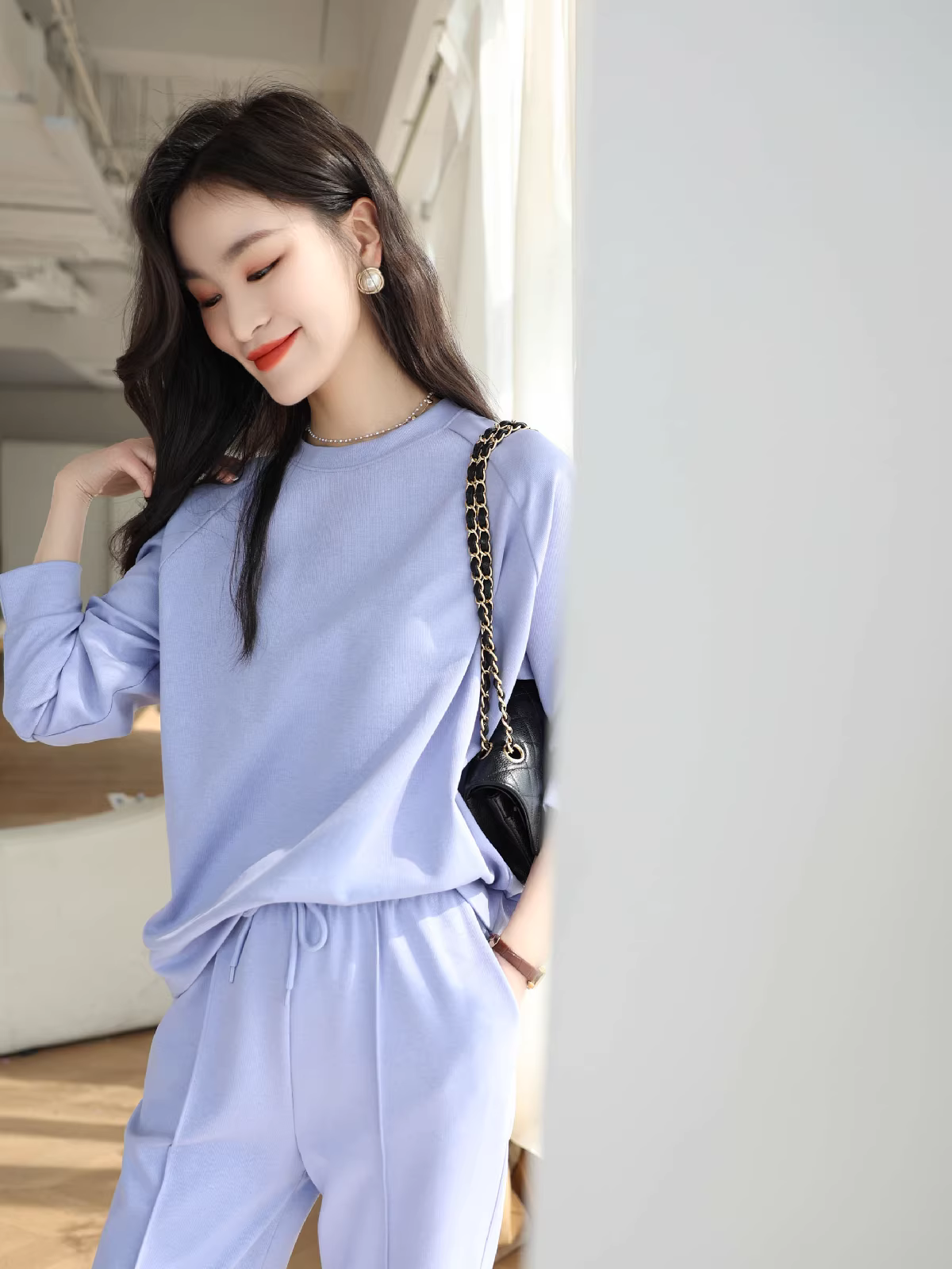 Bộ áo len lười biếng thường ngày, áo ngắn dáng rộng + quần ống rộng thẳng, màu trơn đa năng dành cho nữ mùa xuân hè bộ sưu tập mới