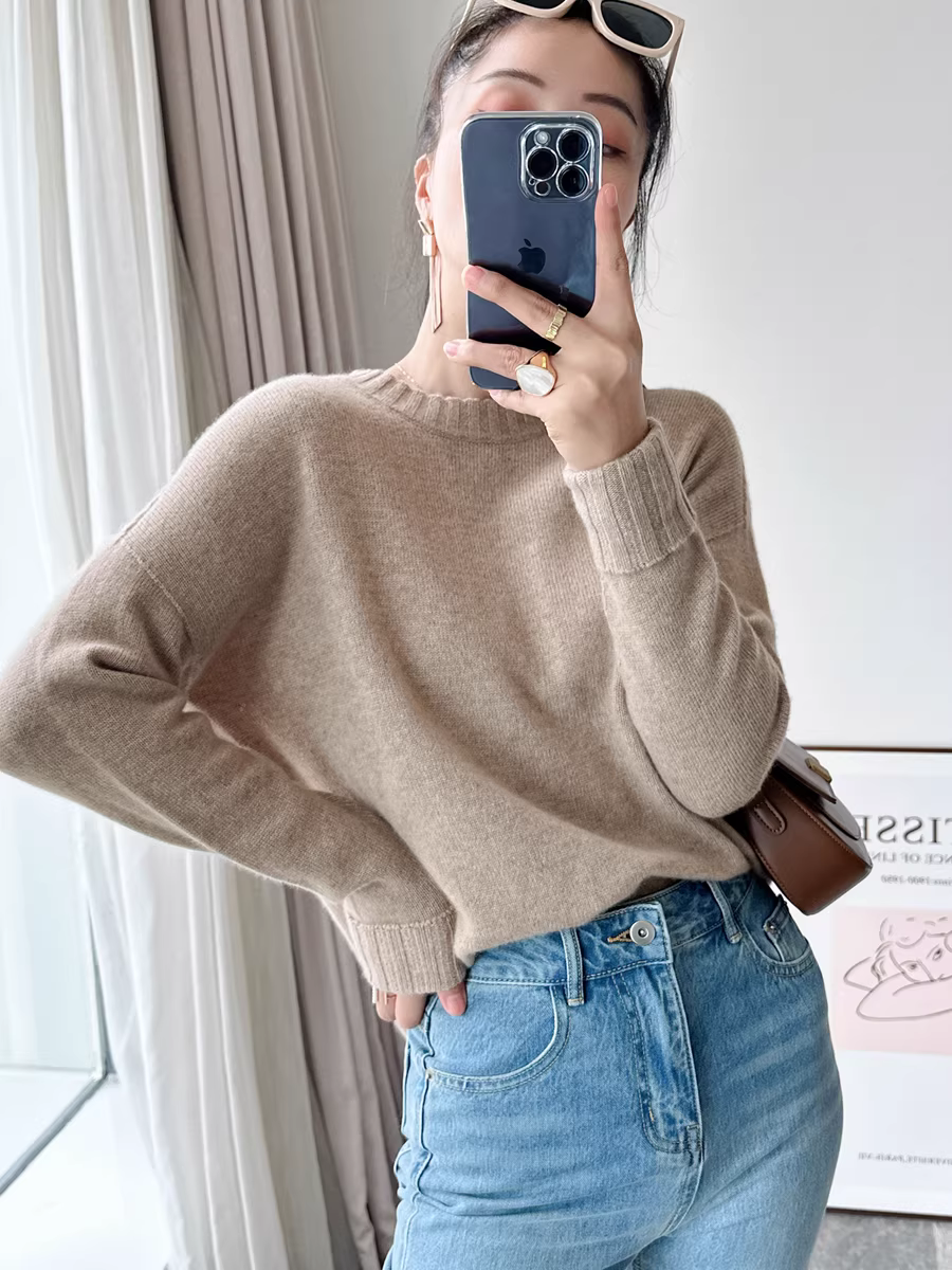 Giá cực tốt! Áo len cashmere cao cấp mùa thu đông 280g dày dặn ấm áp liền mạch cổ tròn dành cho nữ