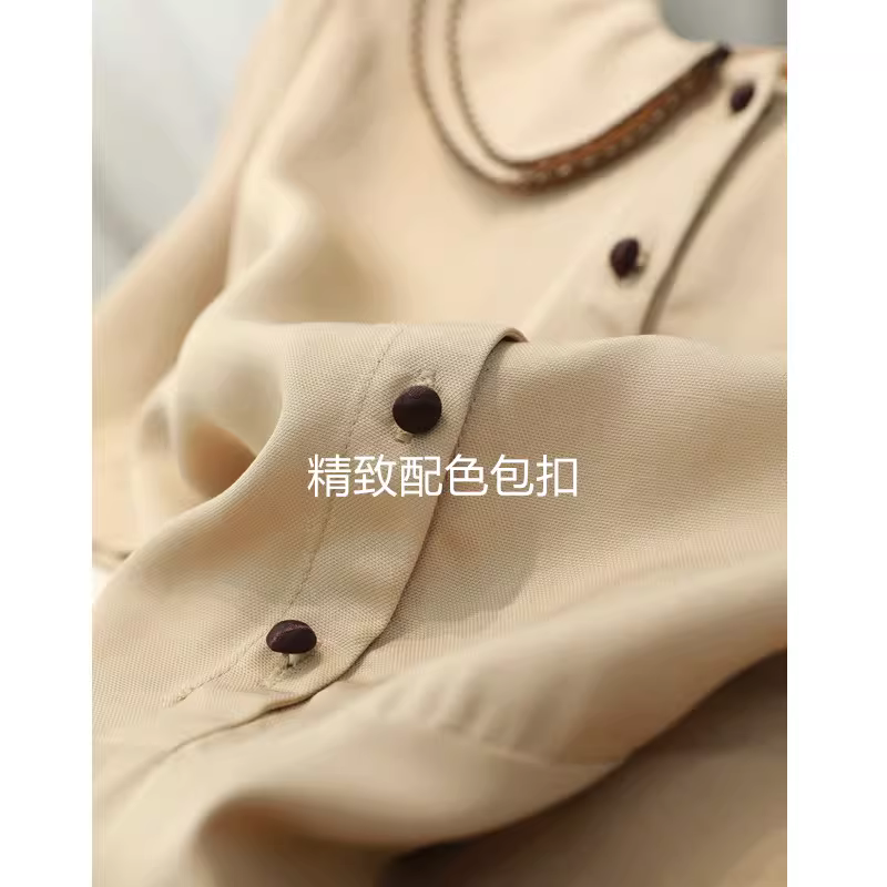 Đầm vải Tencel màu kaki thêu cổ áo kiểu Nhật giảm tuổi tác, thon gọn eo, kiểu dáng mùa hè mới