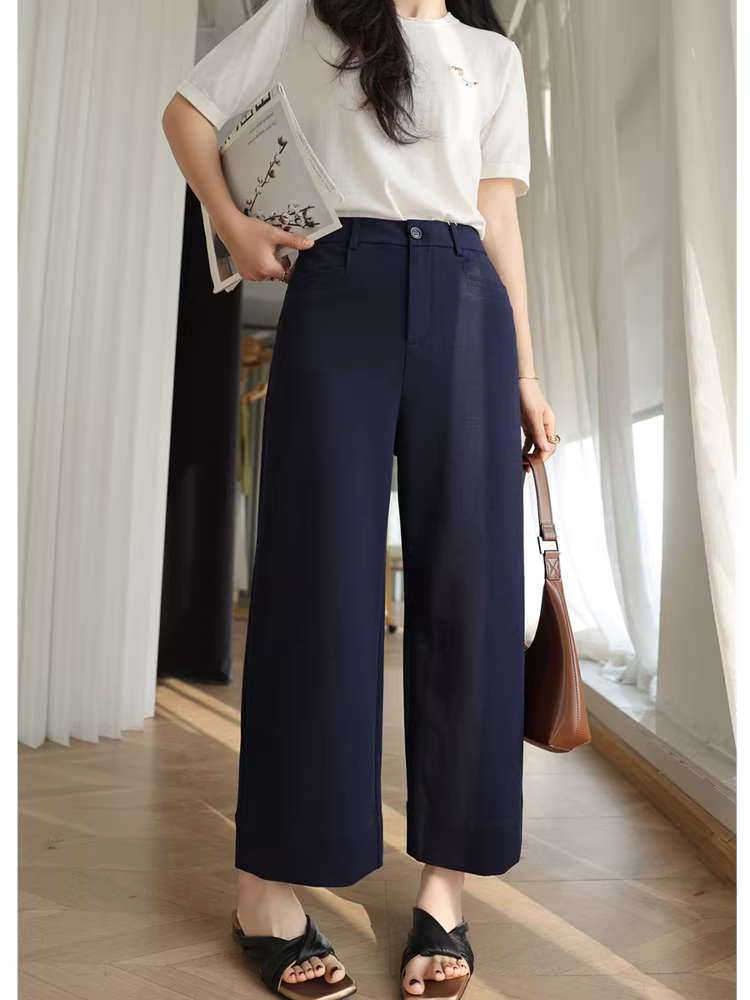 Quần dài thẳng dáng rộng, chất liệu cotton thoáng khí, co giãn, chống nhăn, cạp cao, tôn dáng, dành cho nữ, mùa hè mới