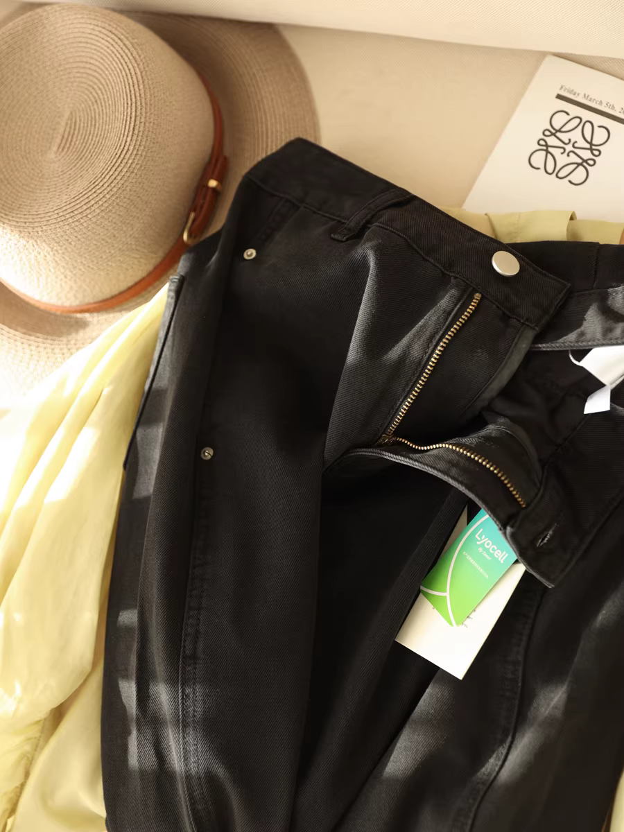 Mềm mại và mát mẻ! Quần jean đen cotton lyocell mỏng thoáng khí lưng cao, dáng ôm, ống rộng dành cho nữ mùa hè mới