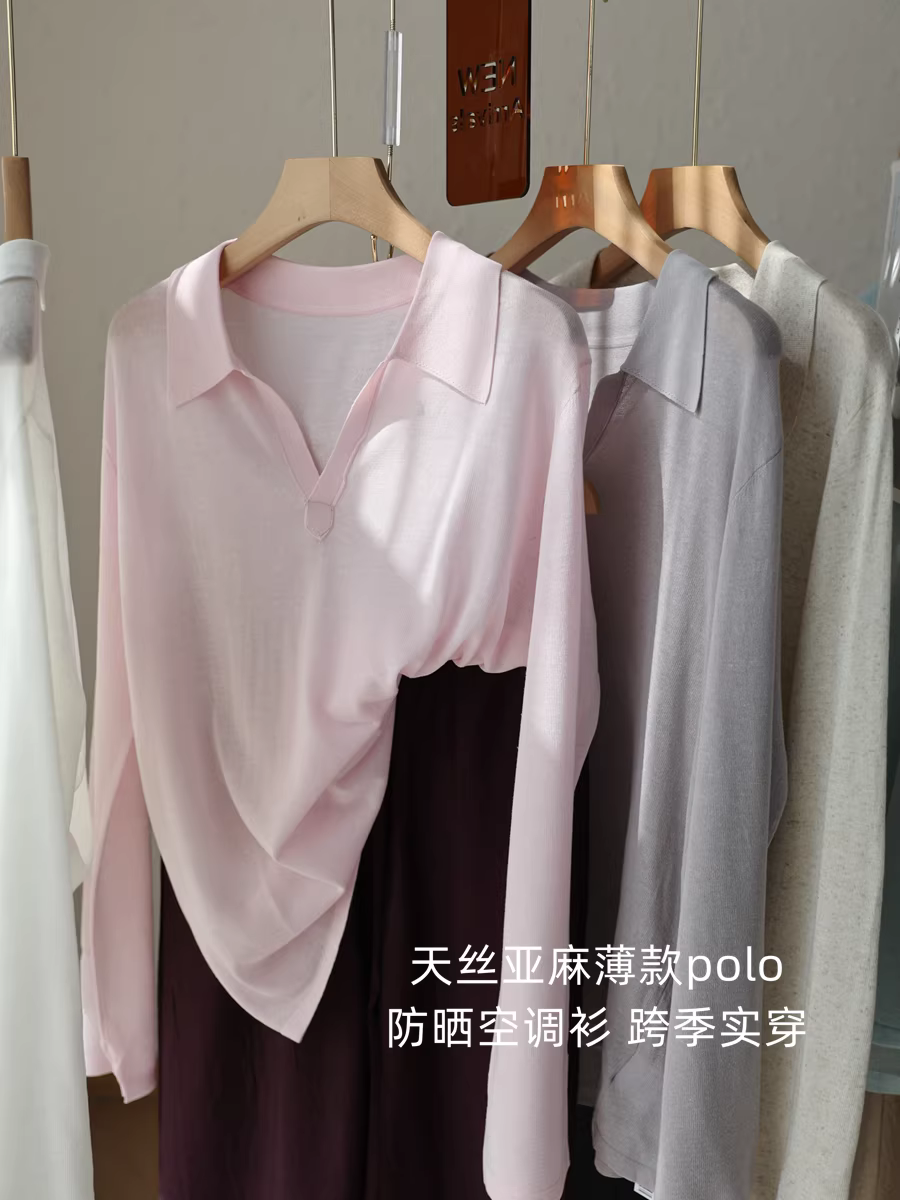 Áo sơ mi dệt kim polo mỏng bằng vải lanh Tencel, dáng rộng, áo thun dài tay rộng, áo chống nắng, áo điều hòa cho nữ, mùa hè mới