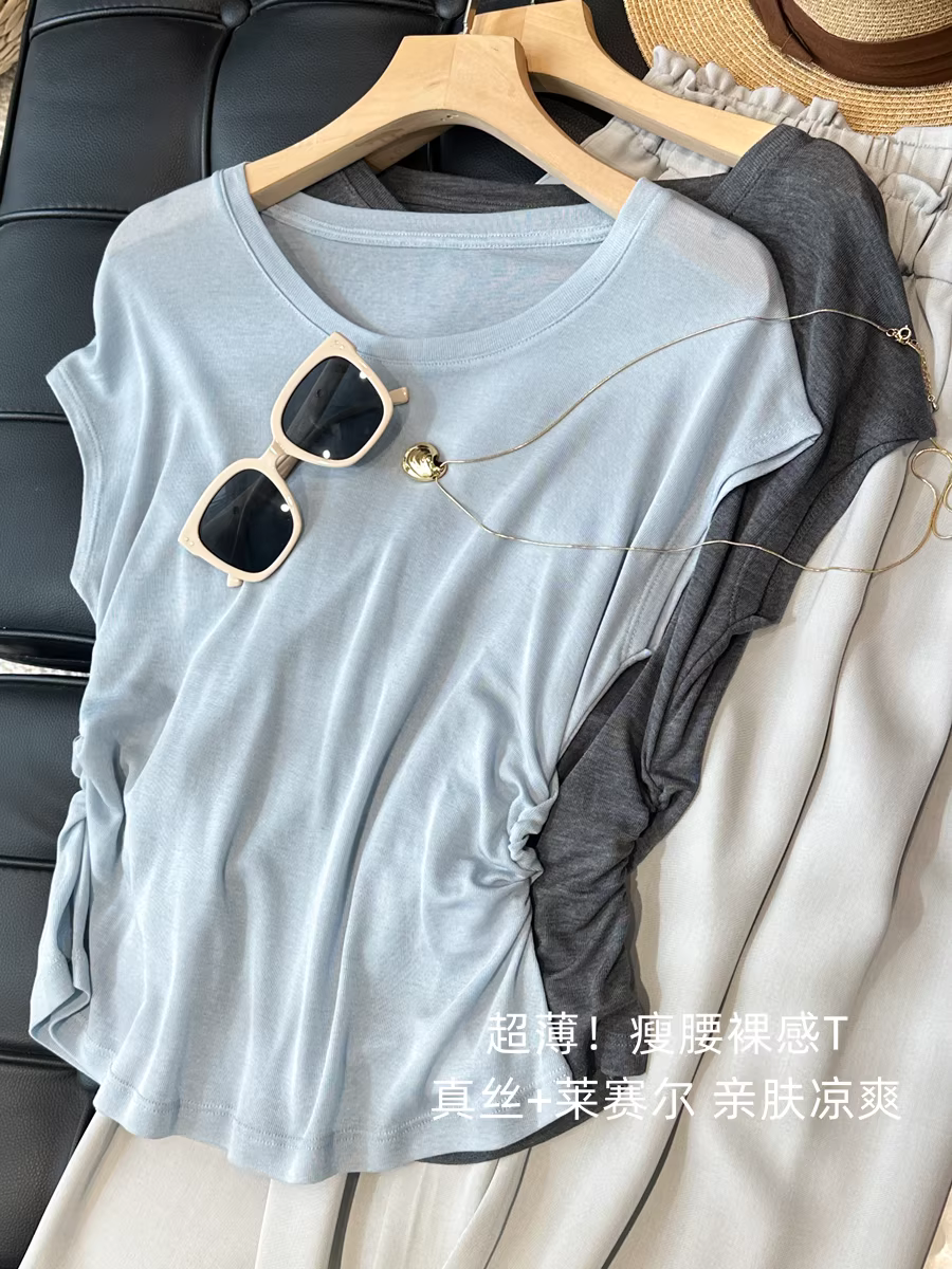 Siêu mỏng! Áo thun ôm eo, tạo cảm giác như không mặc ~ Áo thun ngắn bó eo bằng vải lụa lyocell, cổ tròn, tay ngắn dành cho nữ, mẫu mới cho mùa hè.