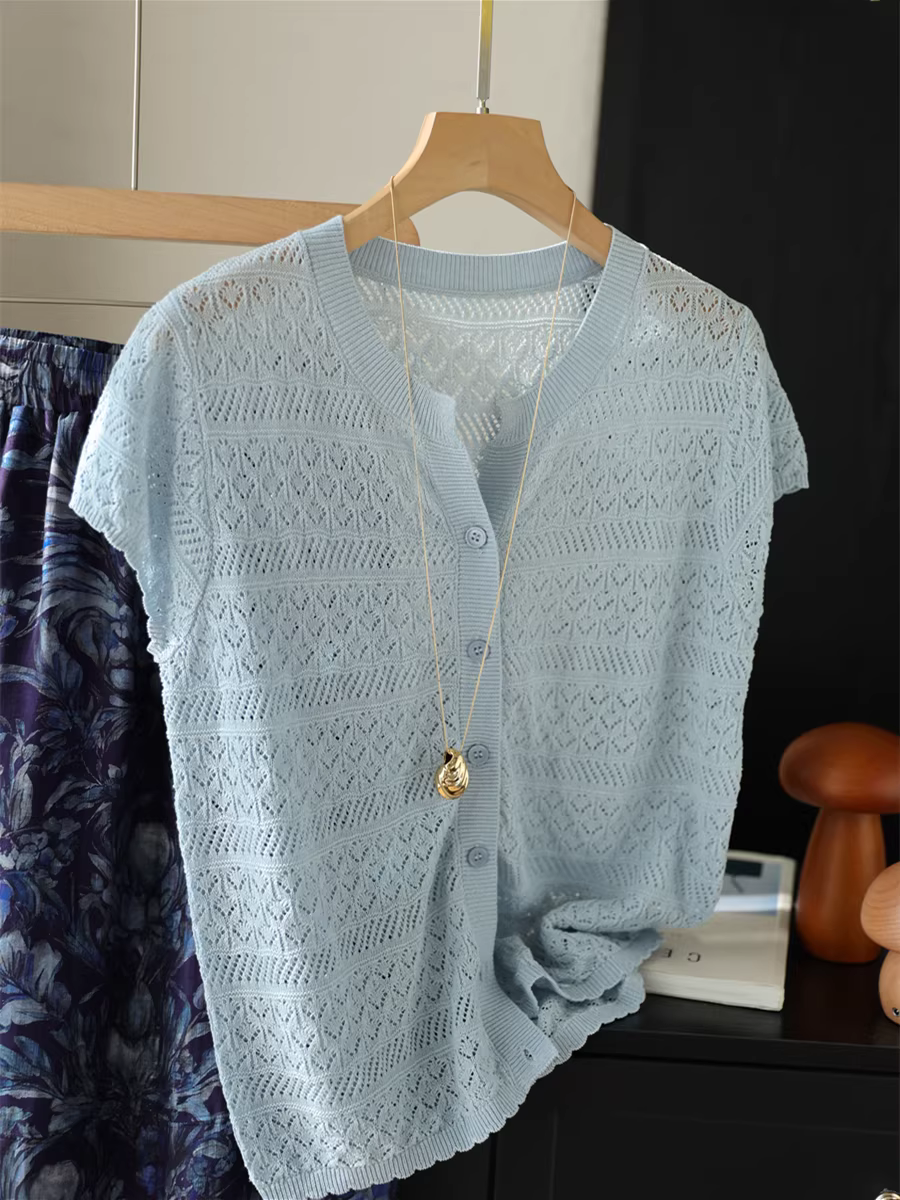 Áo cardigan ngắn tay cổ tròn dệt kim rỗng thoáng mát bằng vải lanh lyocell mùa hè lãng mạn dành cho nữ mùa hè mới