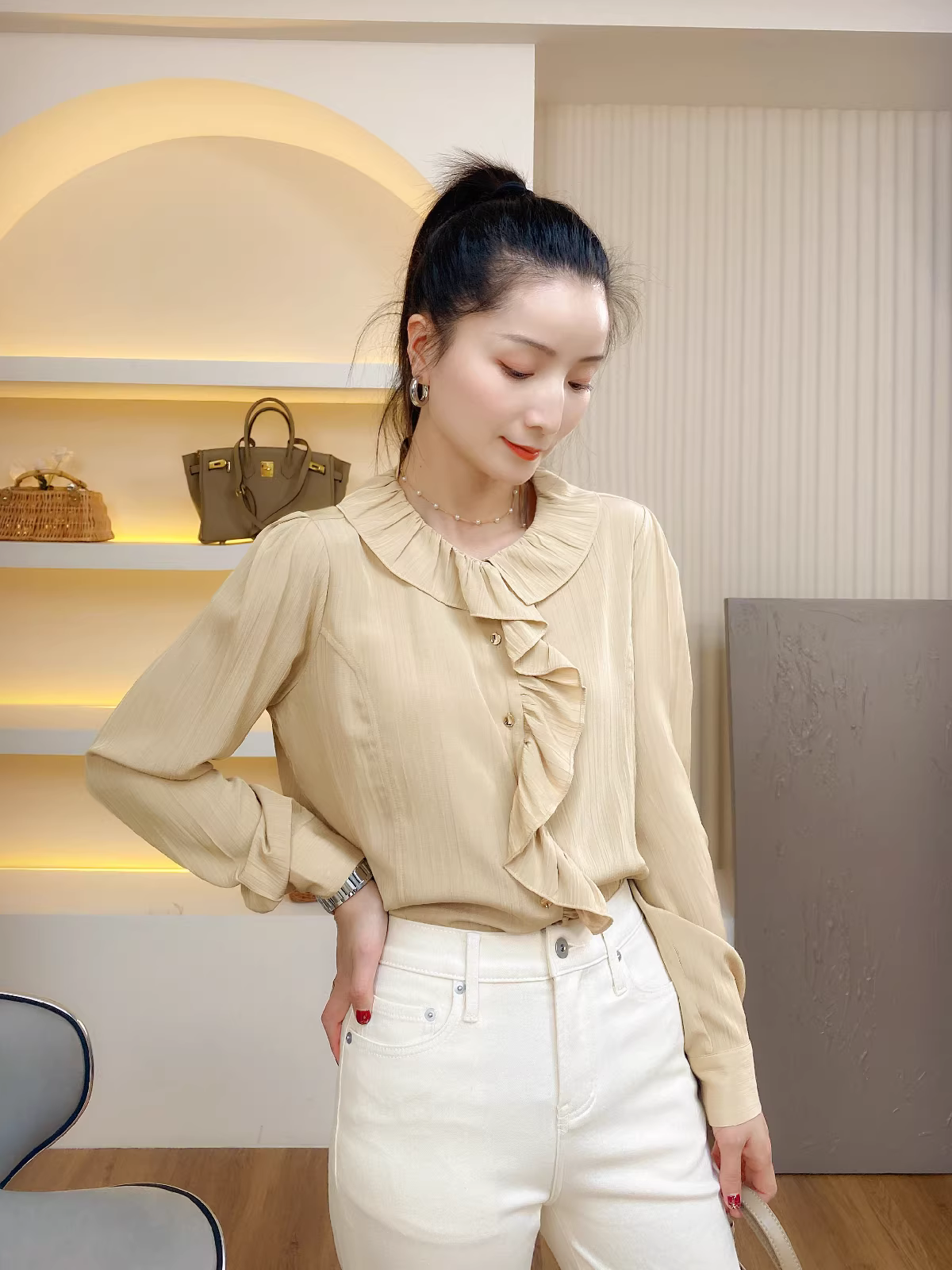 Áo sơ mi dài tay cổ búp bê dáng rộng thanh lịch kiểu Pháp dành cho nữ mùa xuân phong cách mới