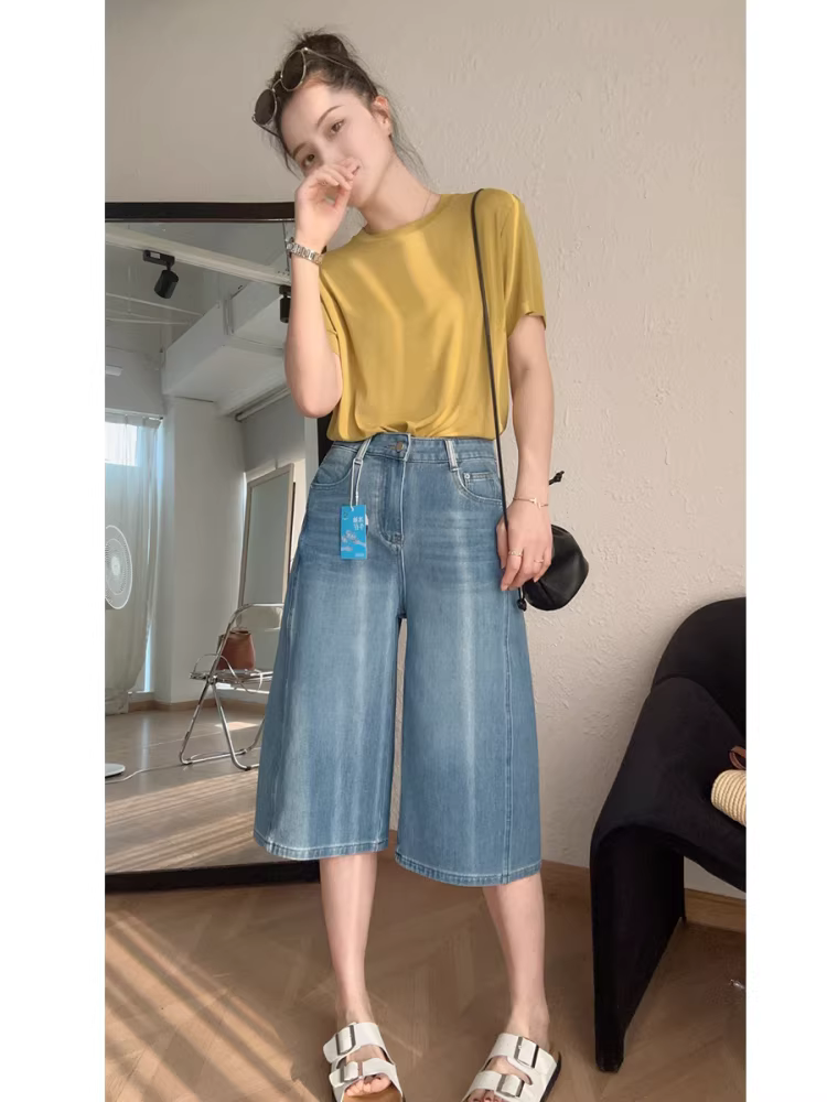 Siêu mềm mại! Áo thun ngắn tay bằng len merino siêu mịn Tencel 80 chiếc dành cho nữ, áo cổ tròn dáng rộng mùa hè.