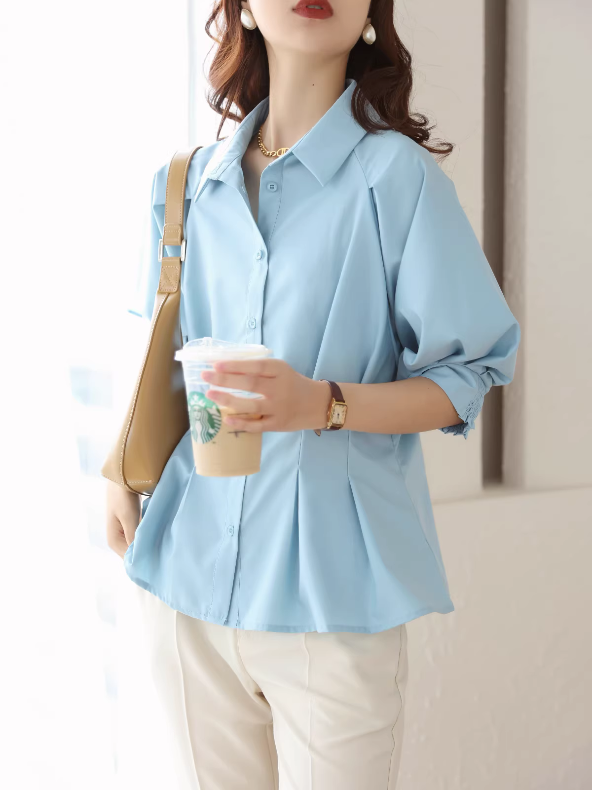 Đường nét kiến ​​trúc, may ba chiều, ôm eo, tay áo đèn lồng thon gọn, áo xếp ly, áo ngắn tay nữ, phong cách mùa hè mới