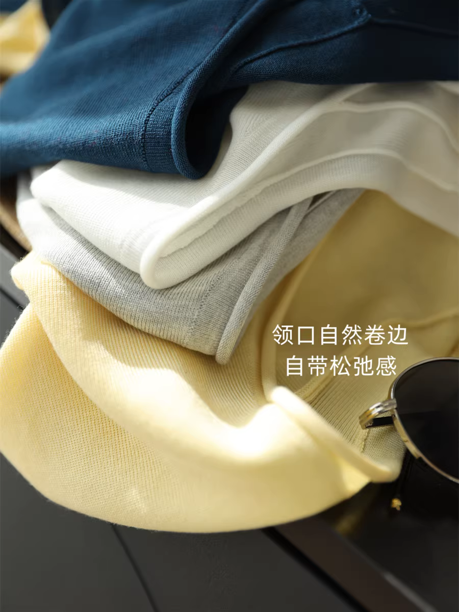 86% Lyocell + 14% len siêu mịn, áo thun ngắn tay dệt kim cổ chữ V tôn dáng, viền cuốn, dành cho nữ, mùa hè