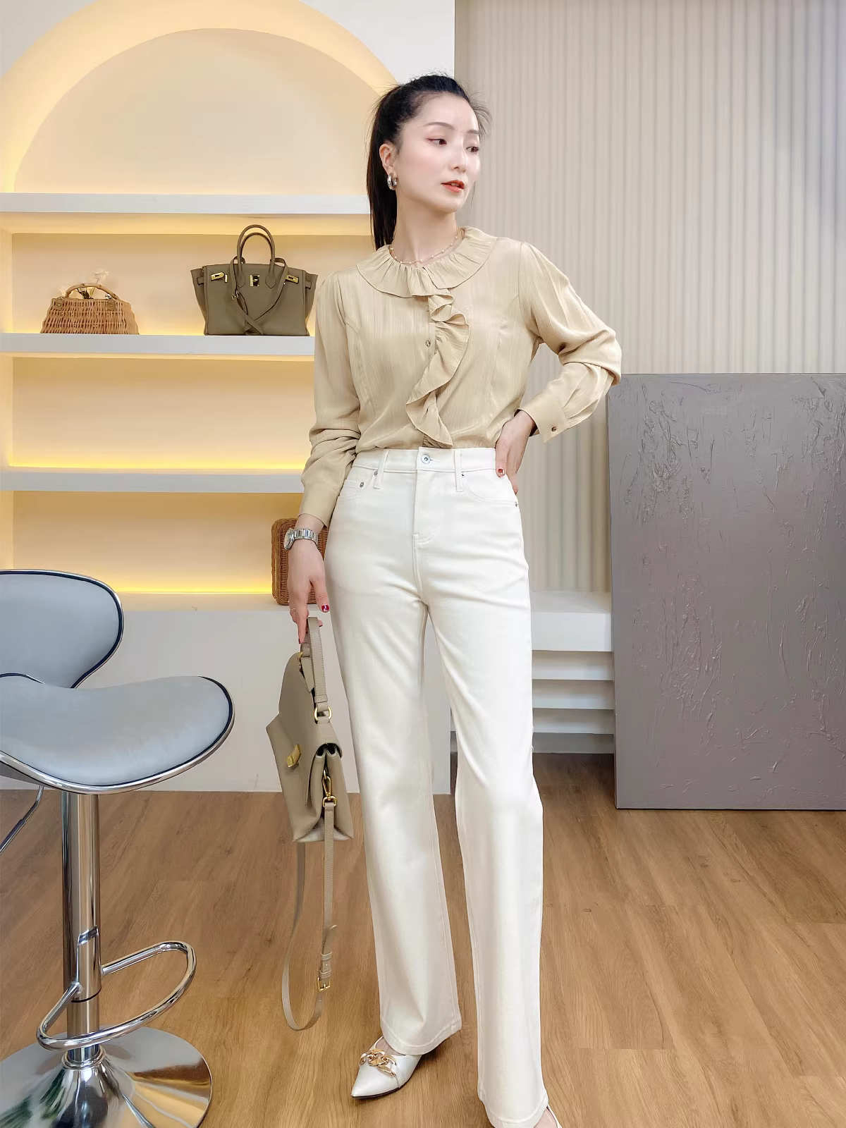 Áo sơ mi dài tay cổ búp bê dáng rộng thanh lịch kiểu Pháp dành cho nữ mùa xuân phong cách mới